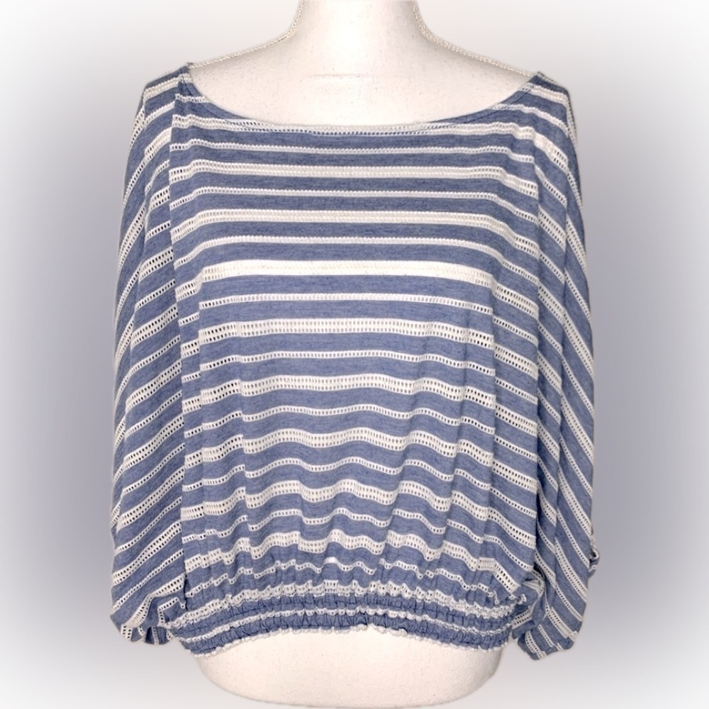 Free People Blue White Boho Top Blouse Shirt Keyhole Back Women Oversized XS